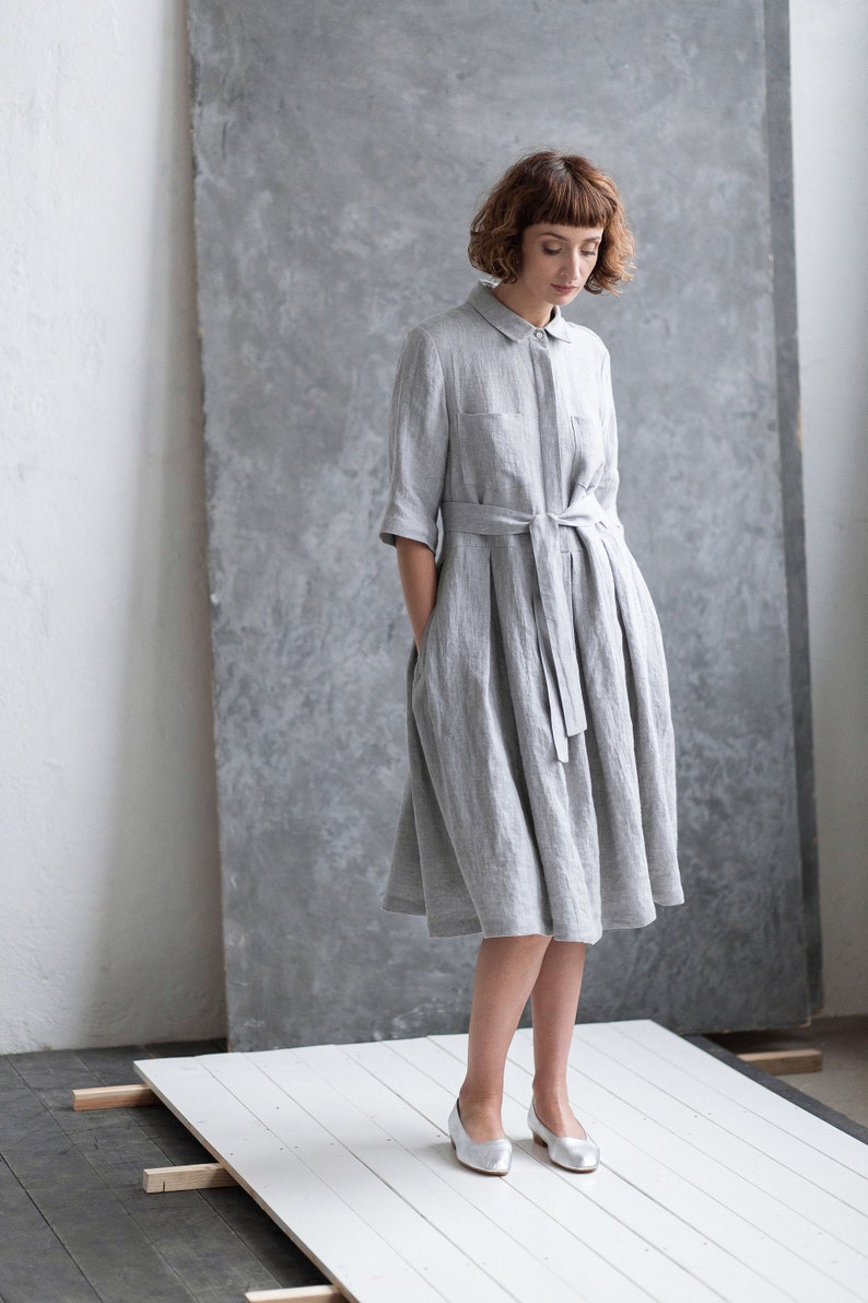 Linen dress/Linen shirt dress/Pleated skirt loose fit linen dress/OFFON CLOTHING 