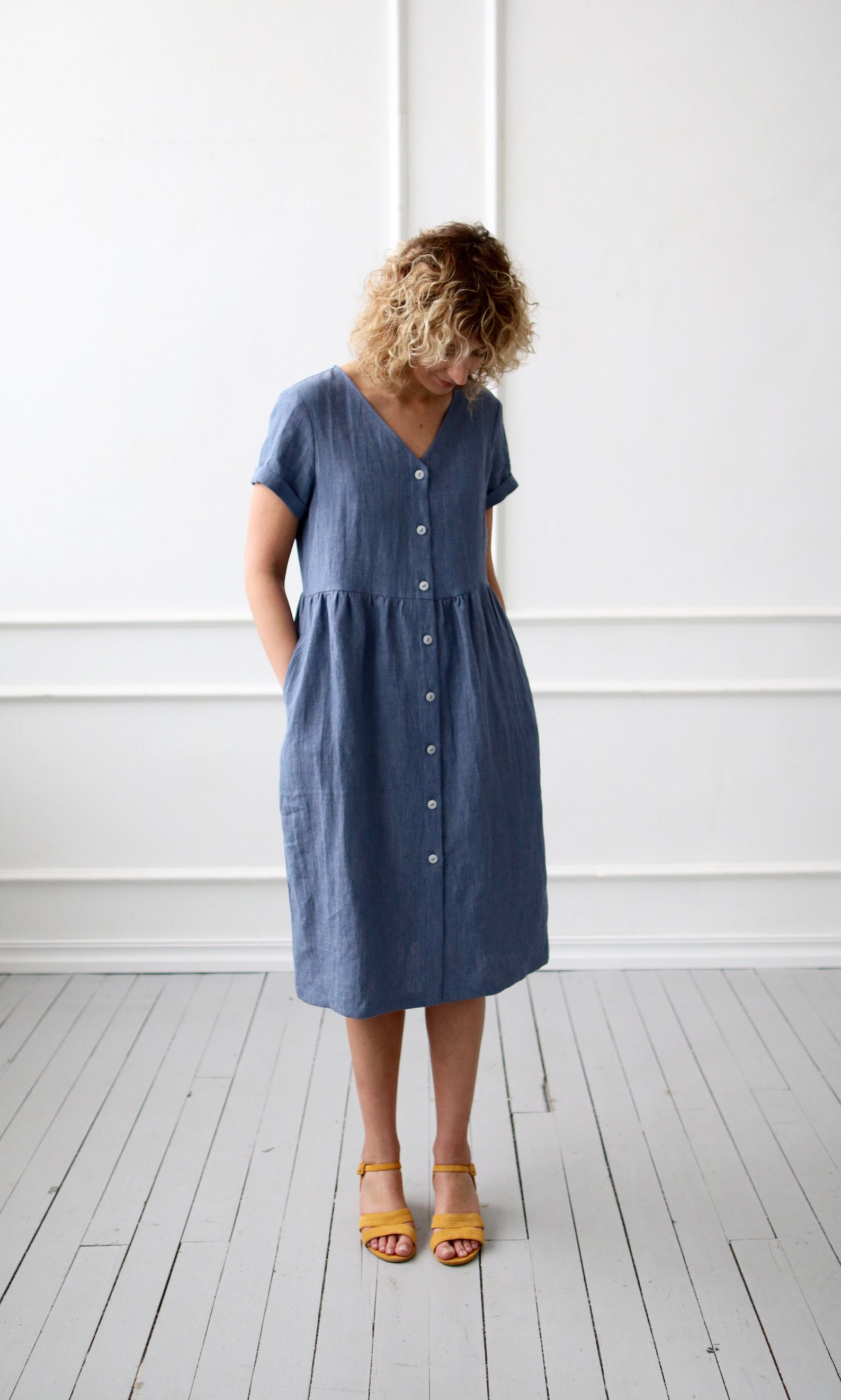 Linen Dress With Button Closure in Denim Blue Color/offon - Etsy