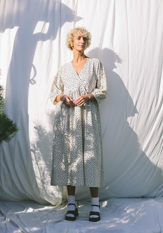 cotton ivory dress Floral Women • V Neck Puff Sleeve Midi Dress • White Floral Puffy Sleeves Cottagecore Dress elf fantasy dress