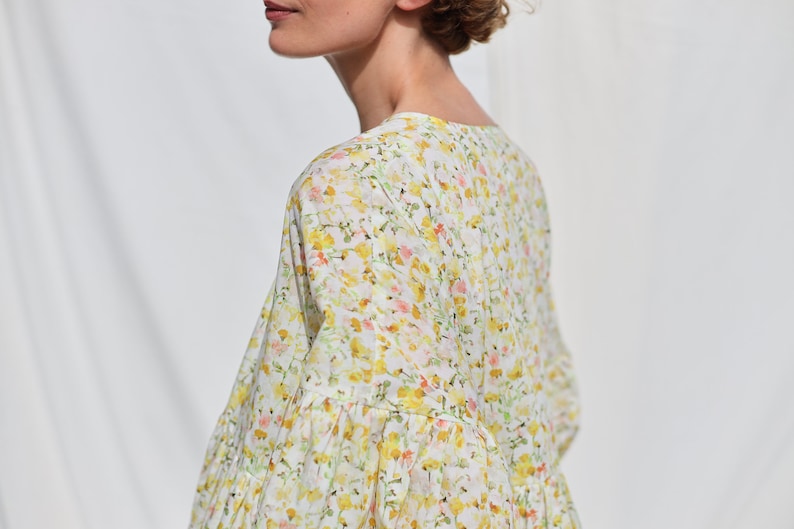 Oversized voluminous sleeves floral print silky cotton dress GRETA OFFON CLOTHING zdjęcie 7