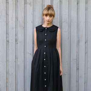 Linen Sleeveless Dress Black Linen Dress Double Collar Dress Full Pleated Skirt Dress Handmade by OffOn image 3