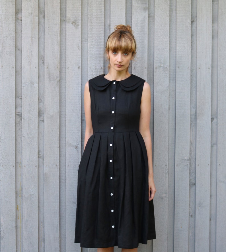 Linen Sleeveless Dress Black Linen Dress Double Collar Dress Full Pleated Skirt Dress Handmade by OffOn image 3