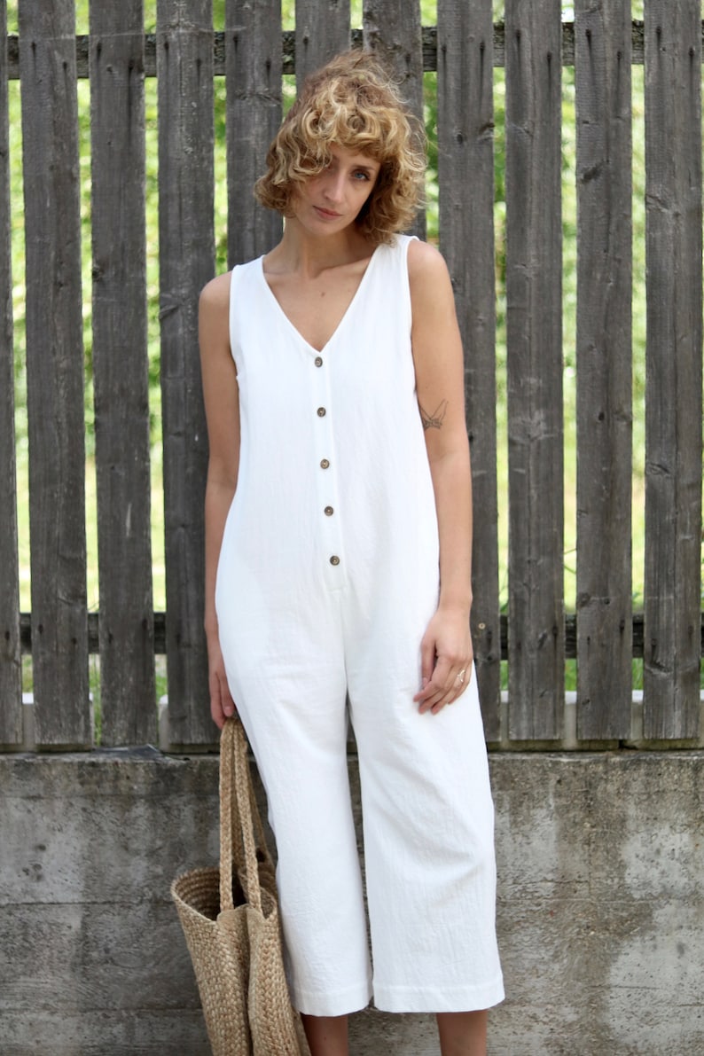 White Cotton Summer Jumpsuit / Sleeveless V-neck Overall / - Etsy UK