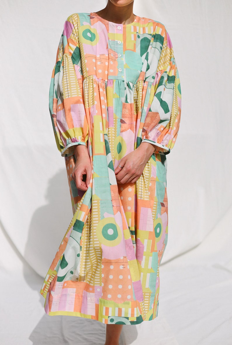 Oversized voluminous sleeves abstract print silky cotton dress GRETA OFFON CLOTHING zdjęcie 8