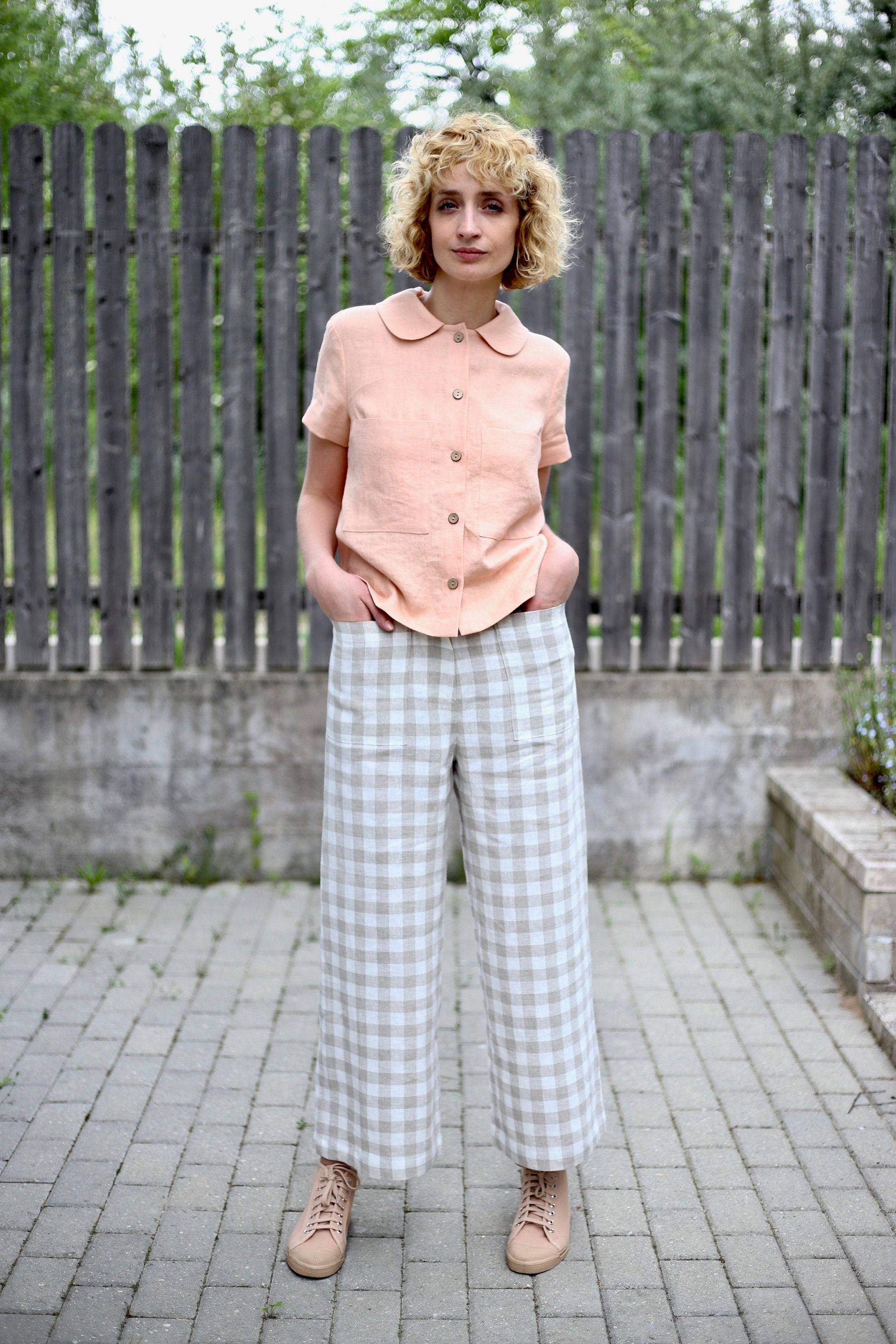 Checkered Linen High Waist Women Culottes/wide Leg Linen Checkered Linen High Waist Women Culottes/wide Leg Linen