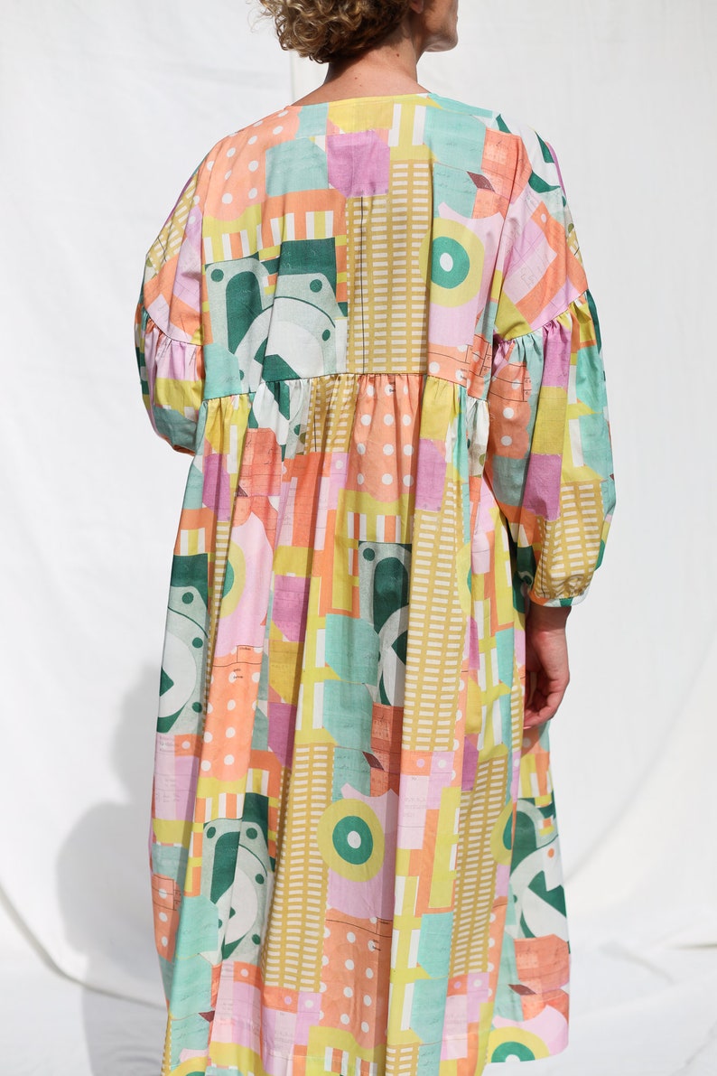 Oversized voluminous sleeves abstract print silky cotton dress GRETA OFFON CLOTHING zdjęcie 4