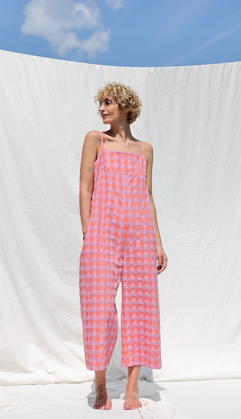 Spaghetti strap jumpsuit in seersucker checks cotton ADA OFFON CLOTHING image 9