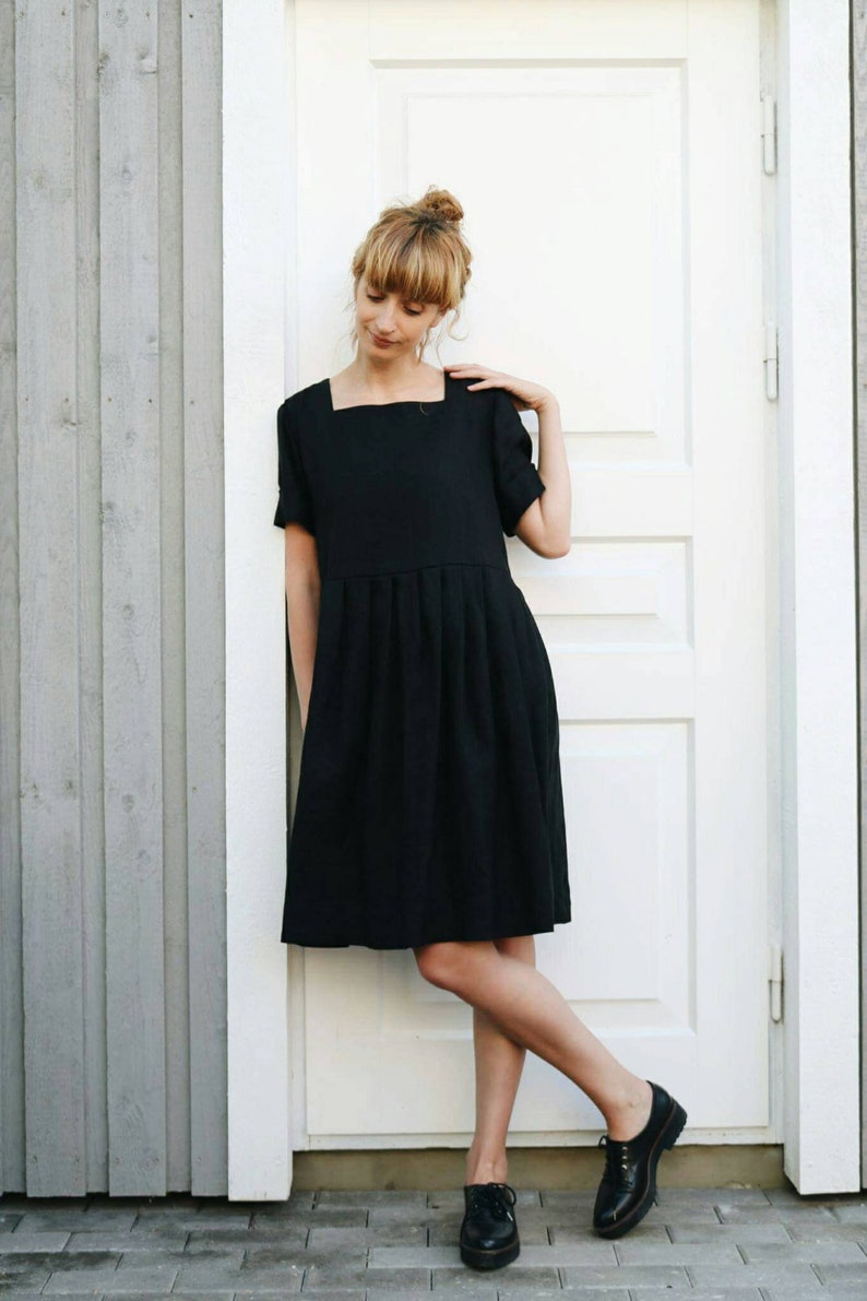 Black linen square neck oversized dress Handmade by OFFON image 3