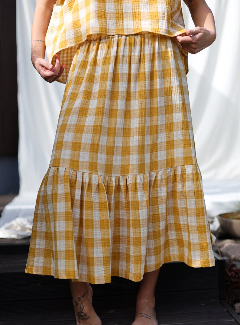 Double gauze mustard checks skirt with elastic waistband OFFON CLOTHING image 10