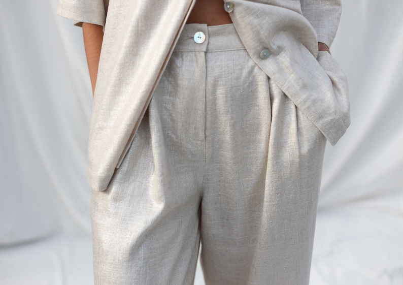 Silver metallic linen and viscose wide leg palazzo pants OFFON Clothing zdjęcie 9