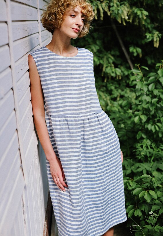 Striped Sleeveless Linen Dress - Loose Fit High Waist Dress - Handmade by Offon