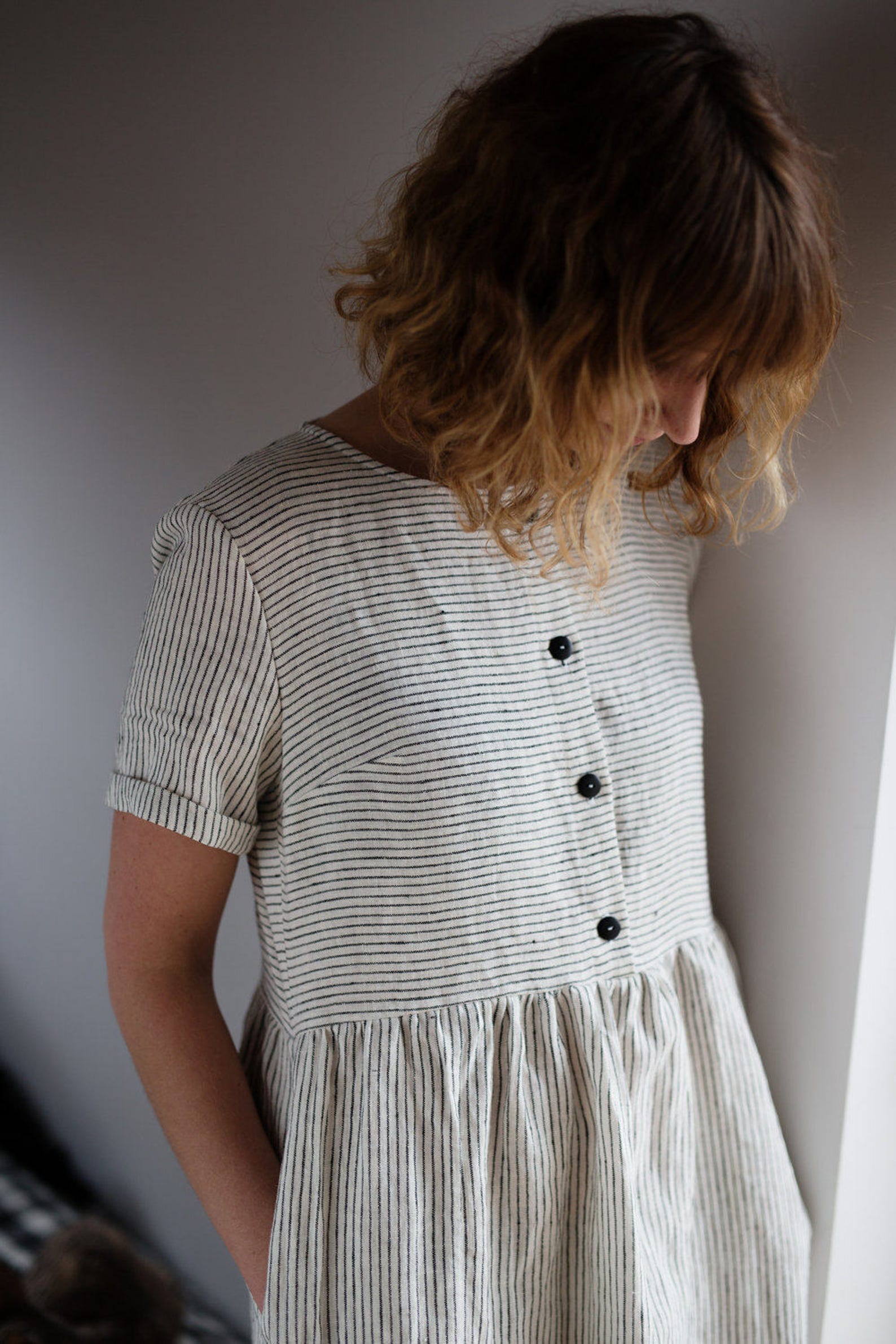 stripe linen string high low dress