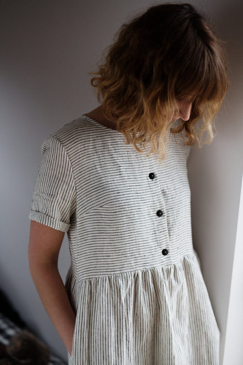 Linen Dress Striped Linen Dress Organic Linen Dress Linen Short Sleeve Dress Linen Women Dress Handmade by OFFON image 3