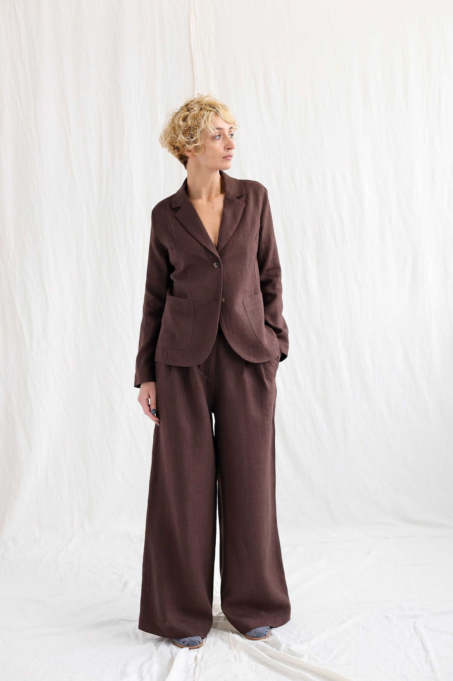 Cotton Linen Blazer and Pants 2-Piece Suit Set