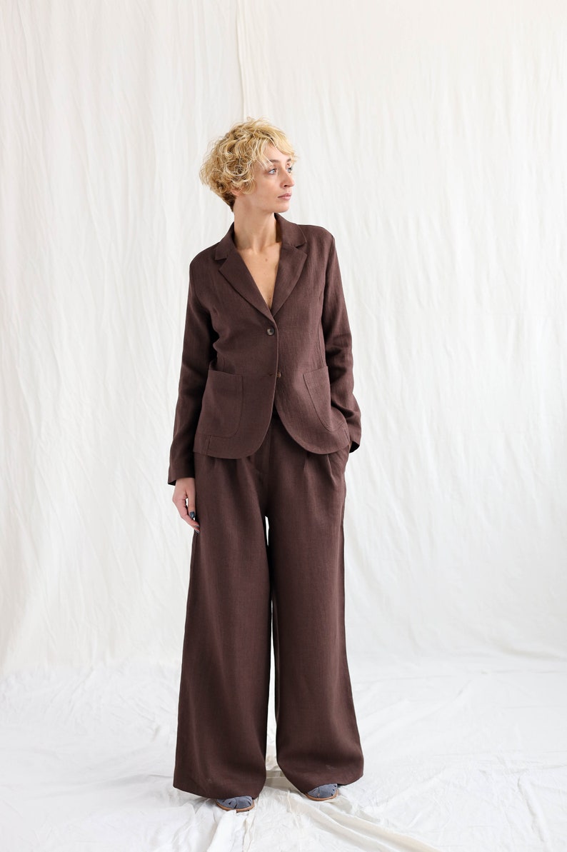 Elegant linen two pieces suit / Blazer and palazzo trousers linen set OFFON Clothing zdjęcie 3