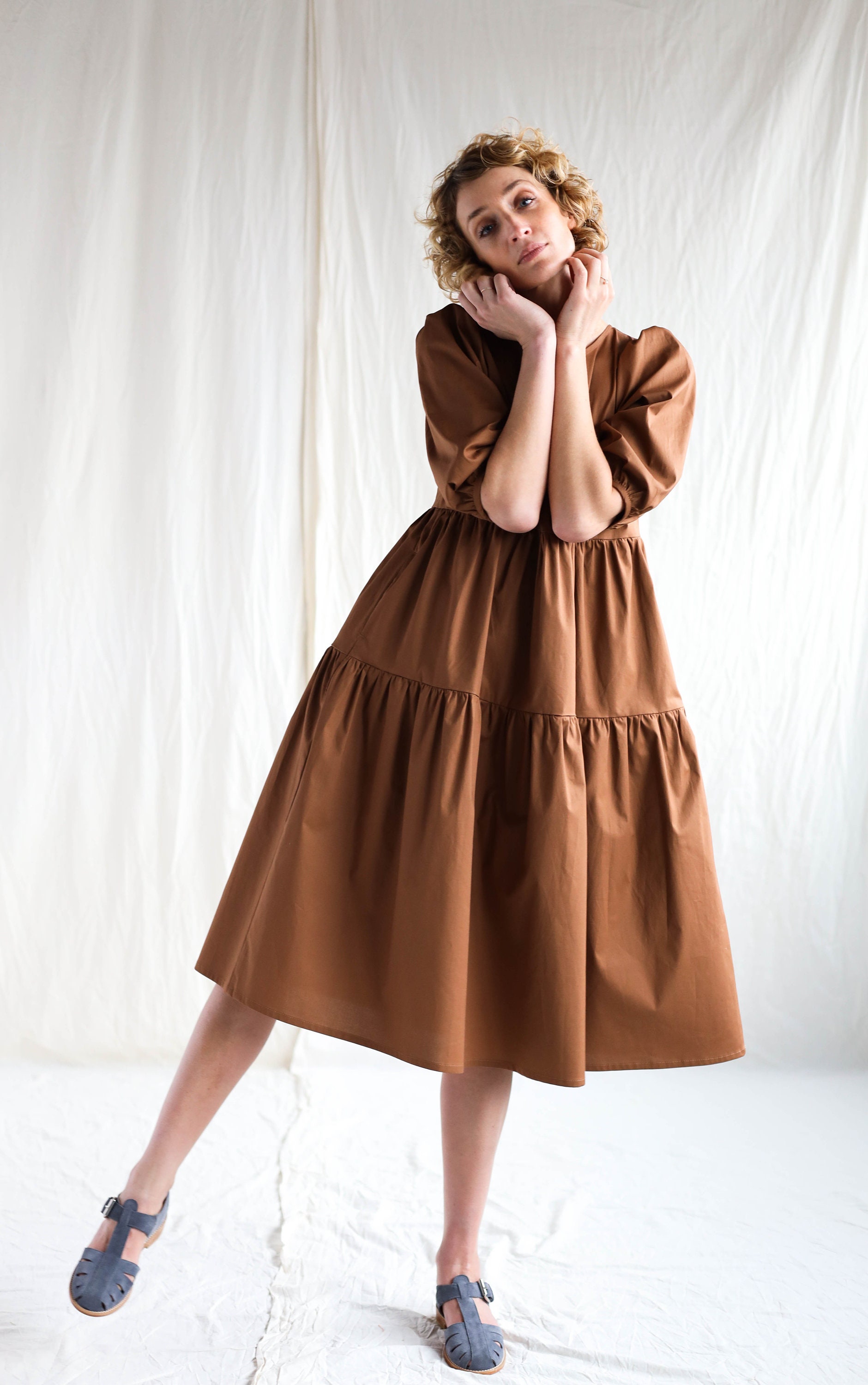 brown puff sleeve dress Tie Front Off Shoulder Slit Thigh Dress, / XS The empire Brochu Walker Havana Dress in