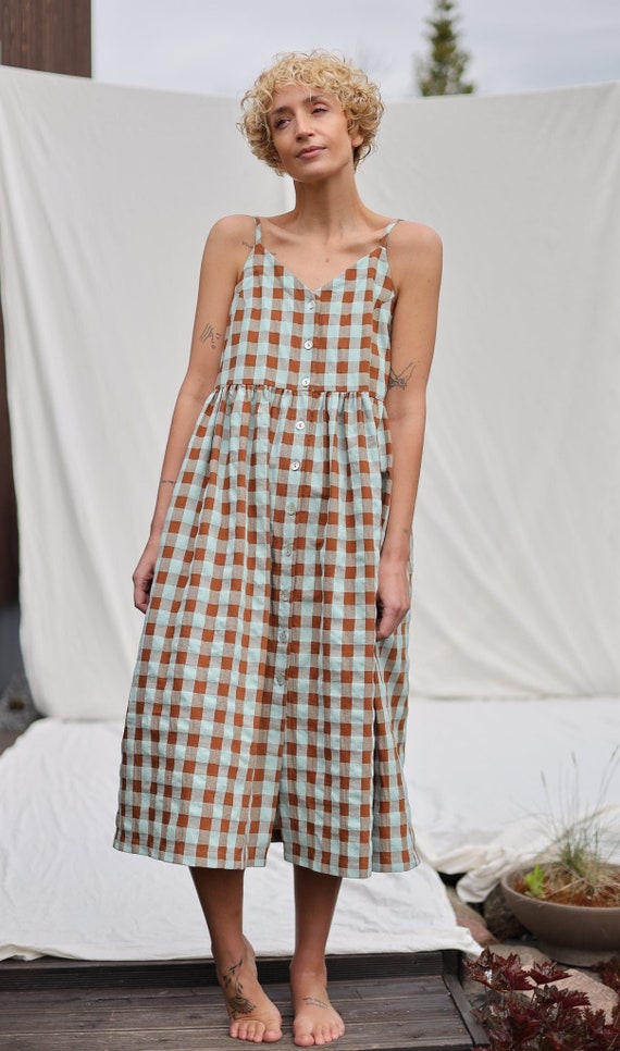 brown seersucker dress Brown Gingham Shirred Eliza Midi Dress