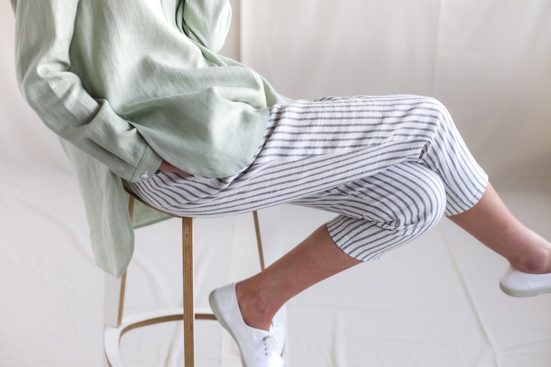 Linen cropped leg trousers in stripes. Handmade by OFFON Clothing image 4