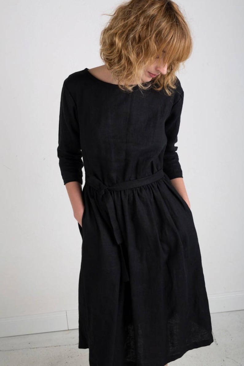 Black Linen Tie Belt Dress Linen Dress In Black Available in 44 colors Handmade by OFFON image 2