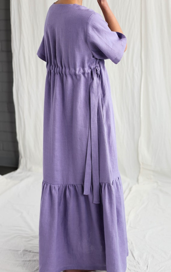 Lavender Linen Maxi Dress with Adjustable Waist Ties * OFFON Clothing