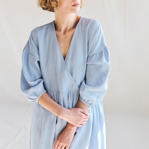 Linen V-neck puffy sleeve dress / OFFON CLOTHING image 3