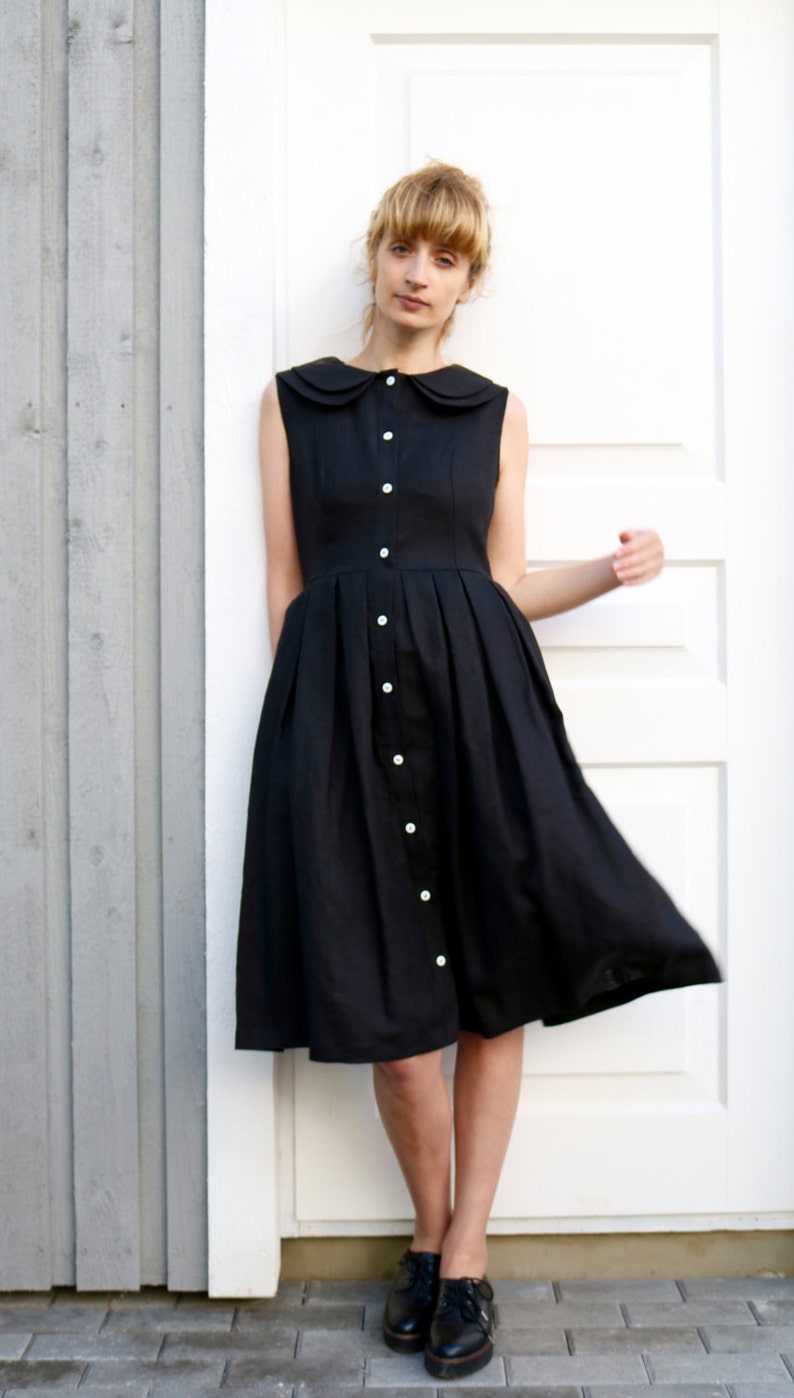 Linen Sleeveless Dress Black Linen Dress Double Collar Dress Full Pleated Skirt Dress Handmade by OffOn image 2