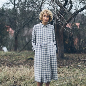 Linen checkered dress / Linen button up MIDI dress / OFFON CLOTHING image 3