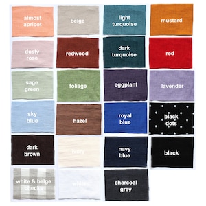 May include: A grid of twenty-four rectangular fabric swatches in various colors and patterns, including apricot, beige, turquoise, mustard, rose, redwood, red, sage, foliage, eggplant, lavender, blue, hazel, black dots, brown, ivory, navy, white, checks, and charcoal.