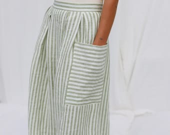Pleated Linen Skirt with Patch Pockets in Leaf Green Stripes • OFFON CLOTHING