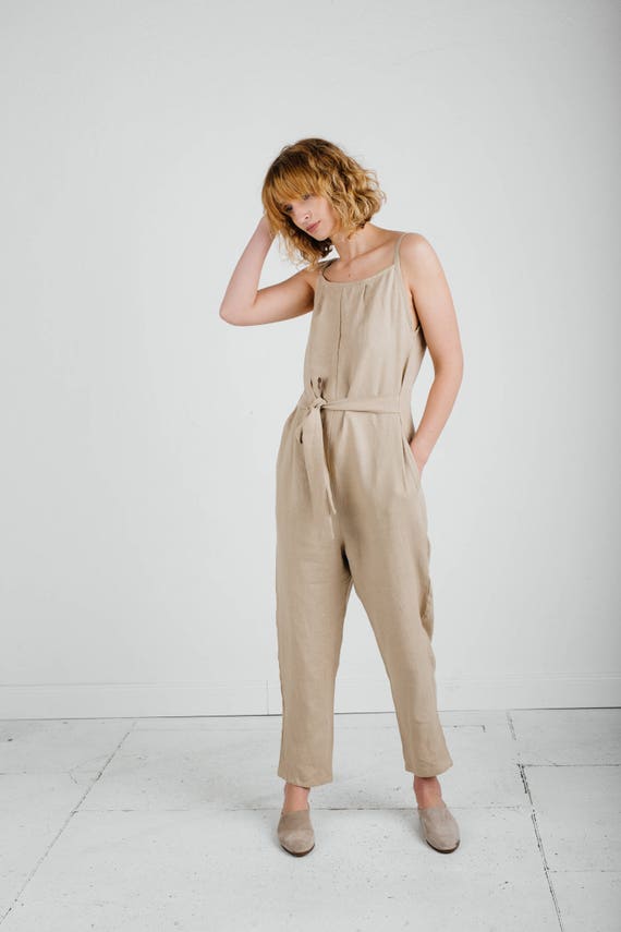 Linen Jumpsuit Beige Linen Jumpsuit Shoestring Jumpsuit Etsy