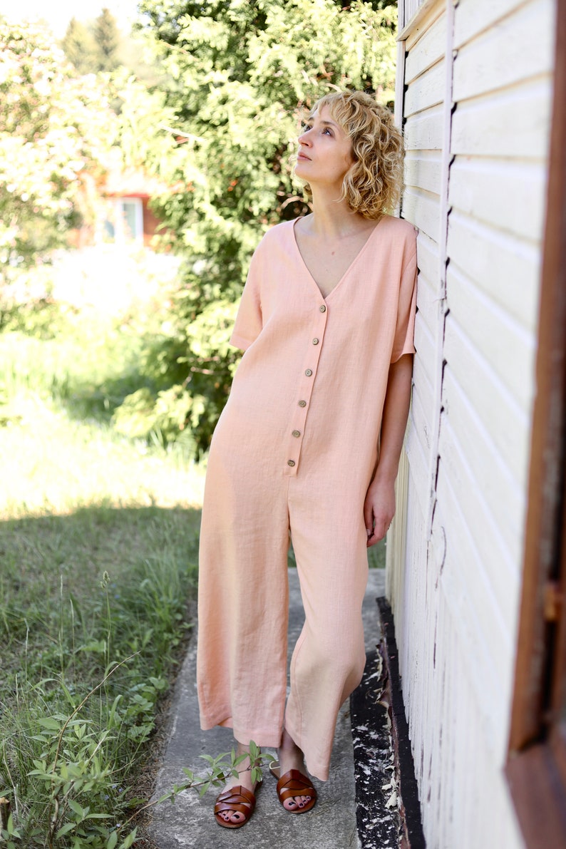 Linen maternity jumpsuit / Wide leg linen jumpsuit in almost apricot color/OFFON CLOTHING image 5