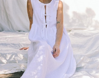 Sleeveless linen dress with ties and ruffled skirt GEMMA • OFFON CLOTHING
