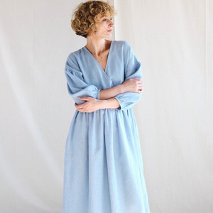 Linen V-neck puffy sleeve dress / OFFON CLOTHING image 5