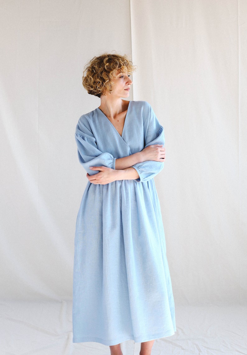 Linen V-neck puffy sleeve dress / OFFON CLOTHING image 5