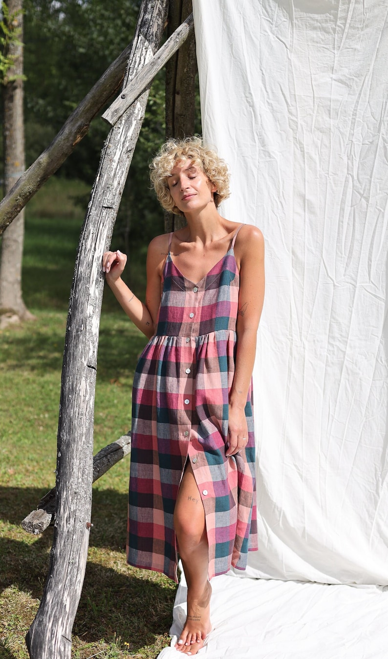 Adjustable straps checks linen dress ELOISE / OFFON Clothing image 1