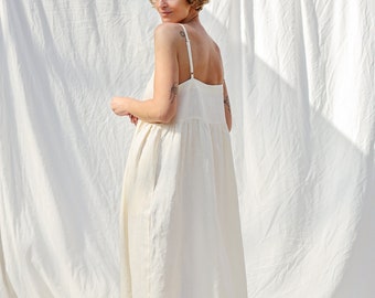 Adjustable straps summer linen dress ELOISE in ivory color / OFFON Clothing