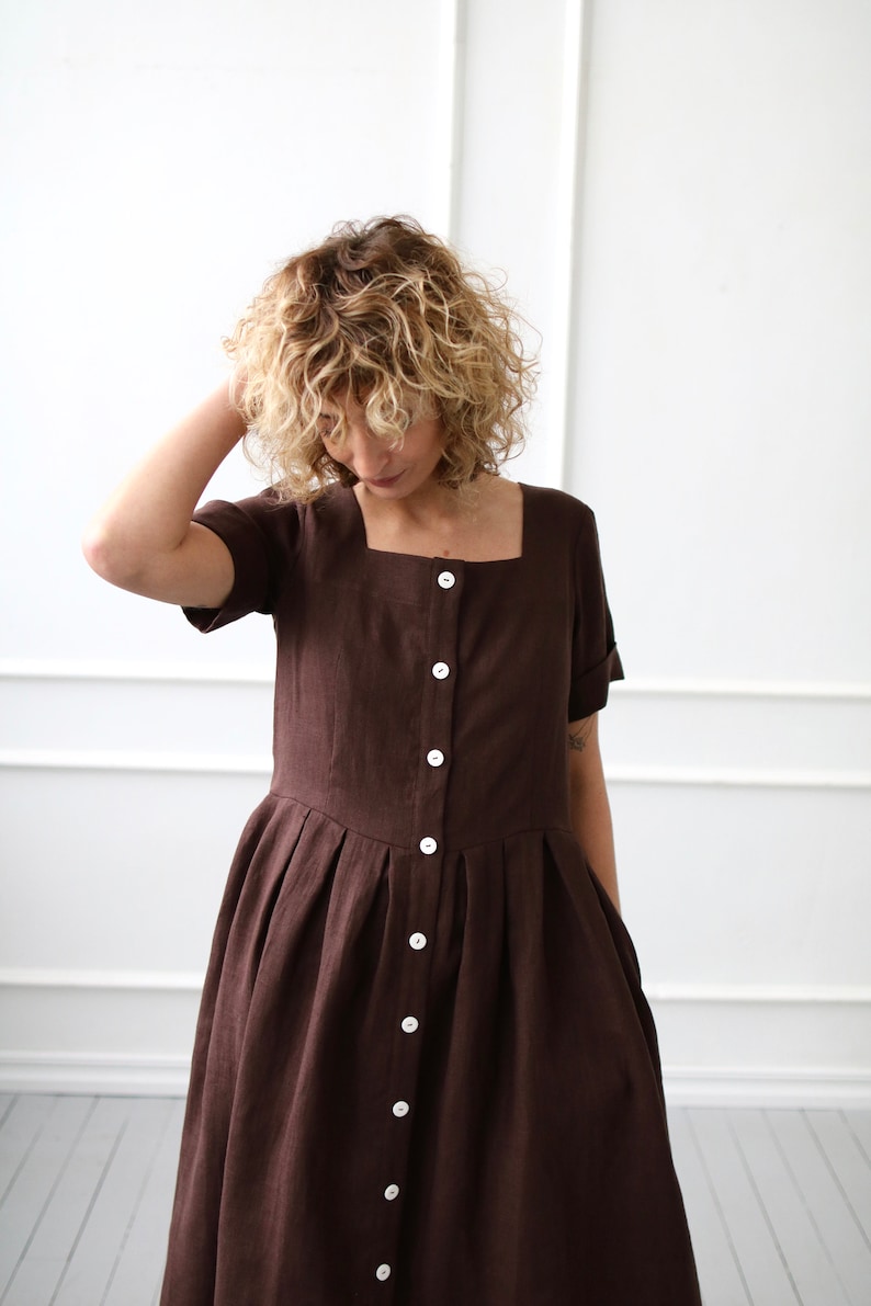 Linen dress in chocolate brown color / OFFON Clothing | Etsy