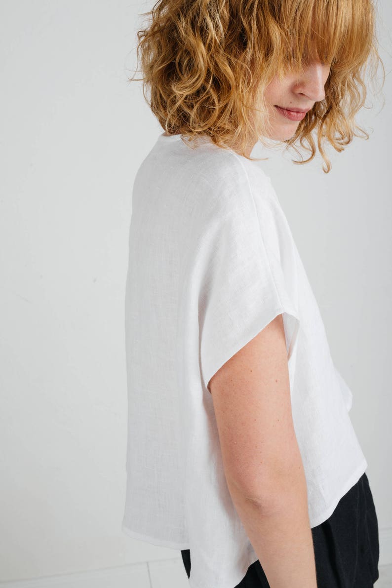 Linen Top White Linen Oversize Fit Top Cropped Hem Top Handmade by OFFON image 4