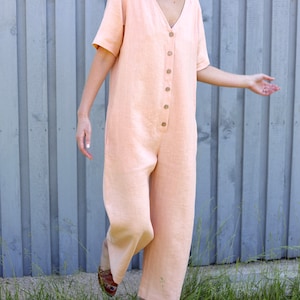 Linen maternity jumpsuit / Wide leg linen jumpsuit in almost apricot color/OFFON CLOTHING image 3