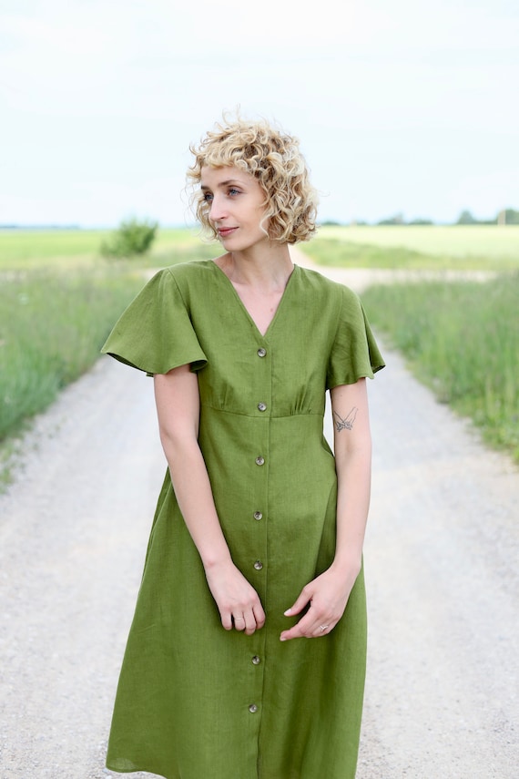 Linen Dress With Frill Sleeves in Moss Green Color / OFFON 