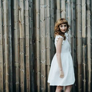 White Linen Dress Linen Frill Sleeves Dress Handmade by OFFON image 3