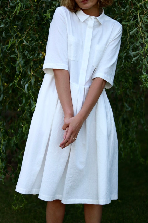 White Cotton Shirt Dress / Pleated ...