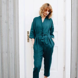 Linen Jumpsuit In Turquoise / Women Overall / OFFON CLOTHING image 5