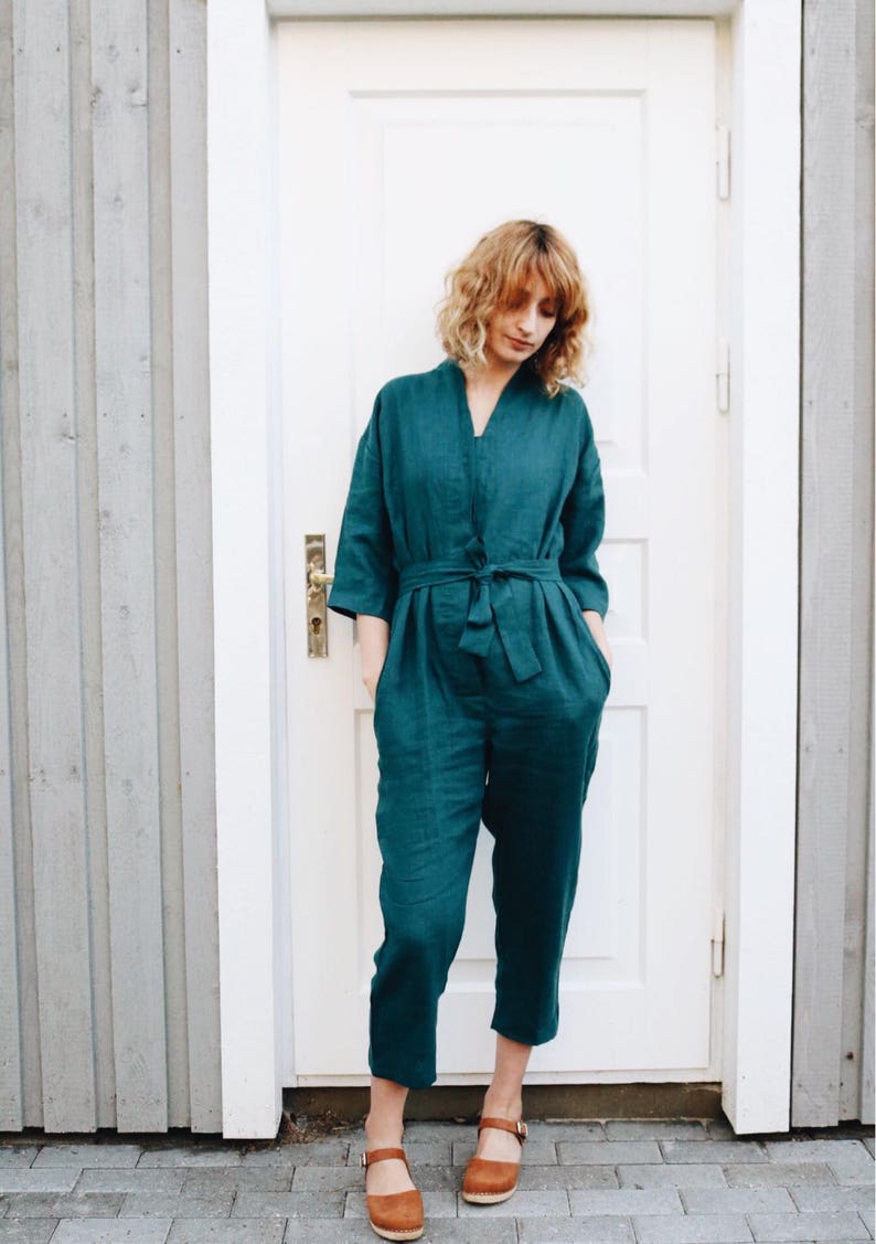 Linen Jumpsuit In Turquoise / Women Overall / OFFON CLOTHING image 5