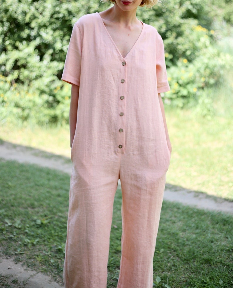 Linen maternity jumpsuit / Wide leg linen jumpsuit in almost apricot color/OFFON CLOTHING