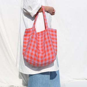 ピンクのチェック柄リネントートバッグ / OFFONによるハンドメイド