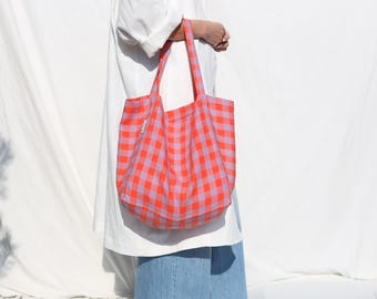 Pink Checks Linen Tote Bag / Handmade by OFFON