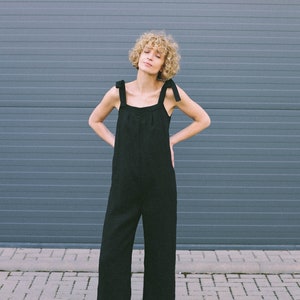 Linen Tie-strap jumpsuit / Sleeveless black summer romper / OFFON CLOTHING