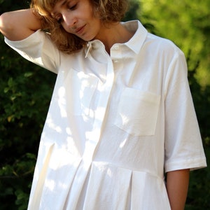 White Cotton Shirt Dress / Pleated Skirt Dress / OFFON CLOTHING image 5