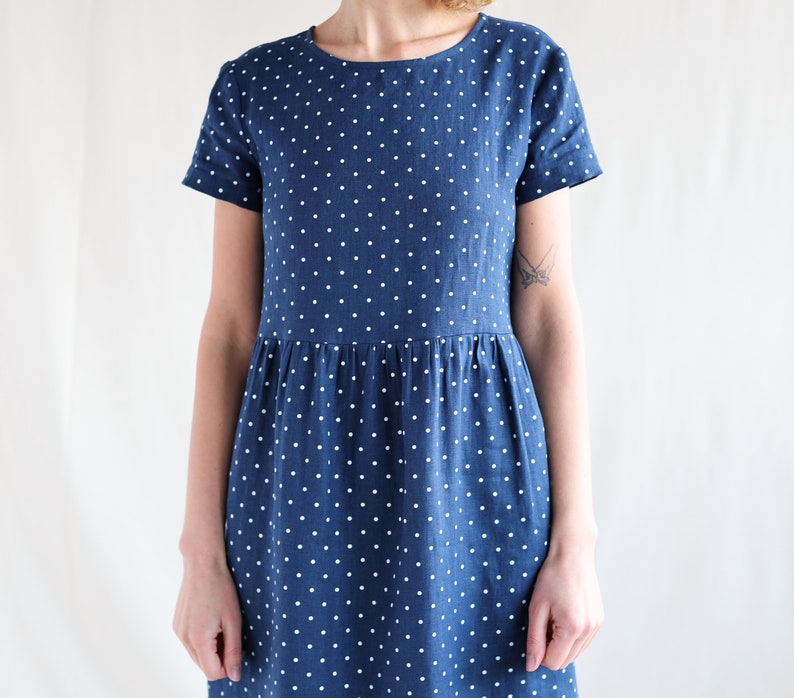 Lässiges weites Midi Leinenkleid im Polka Dot / Rüschenrock Leinenkleid / OFFON KLEIDUNG Bild 7